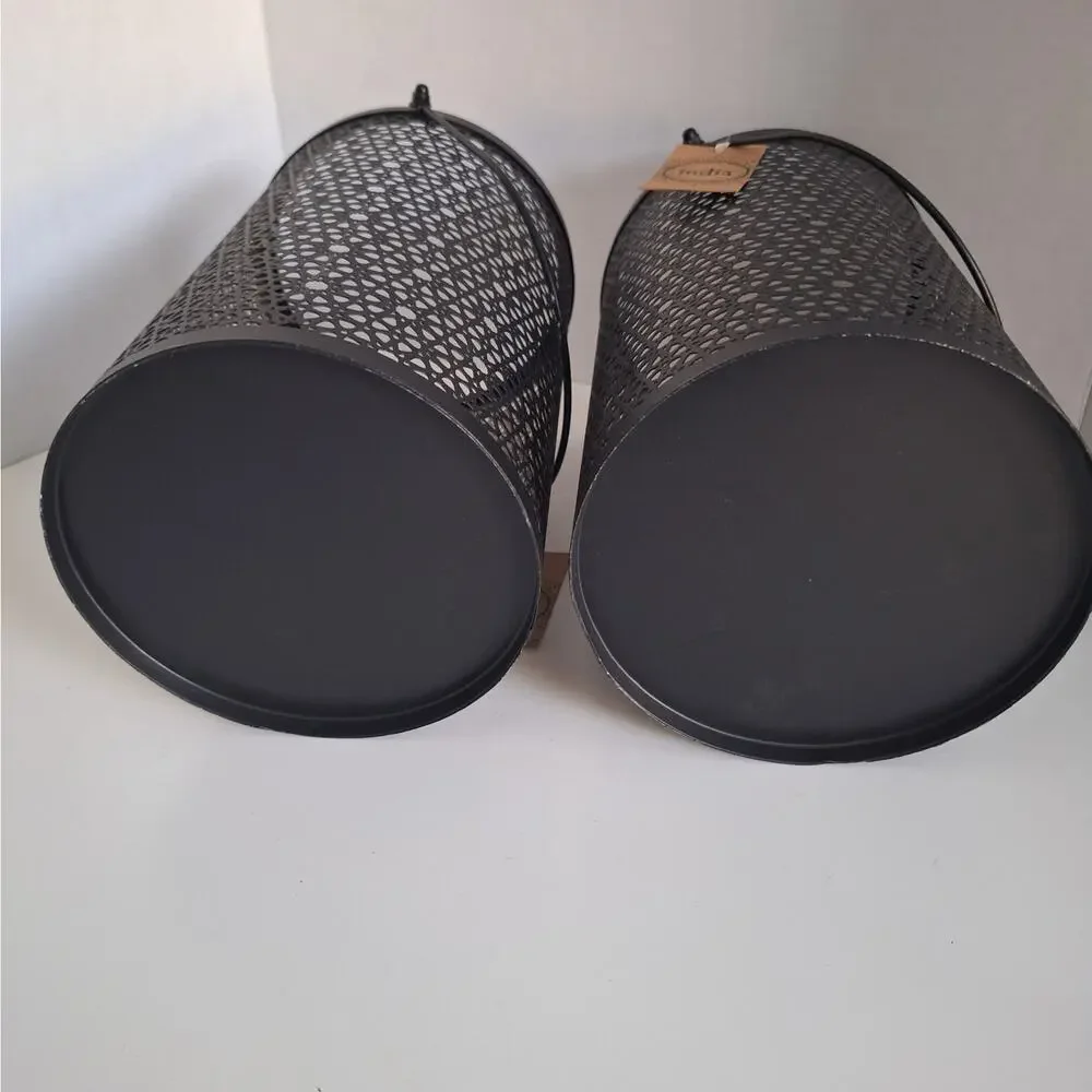 Vintage-Inspired Indian Black Metal Filigree Candle Lanterns Pair 10